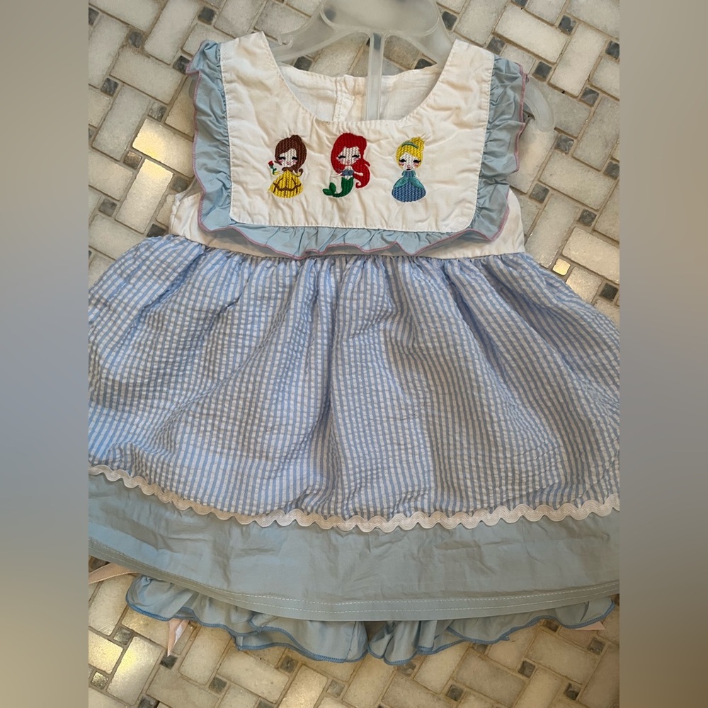 Blue and White Gingham Dress with Embroidered Disney Princesses